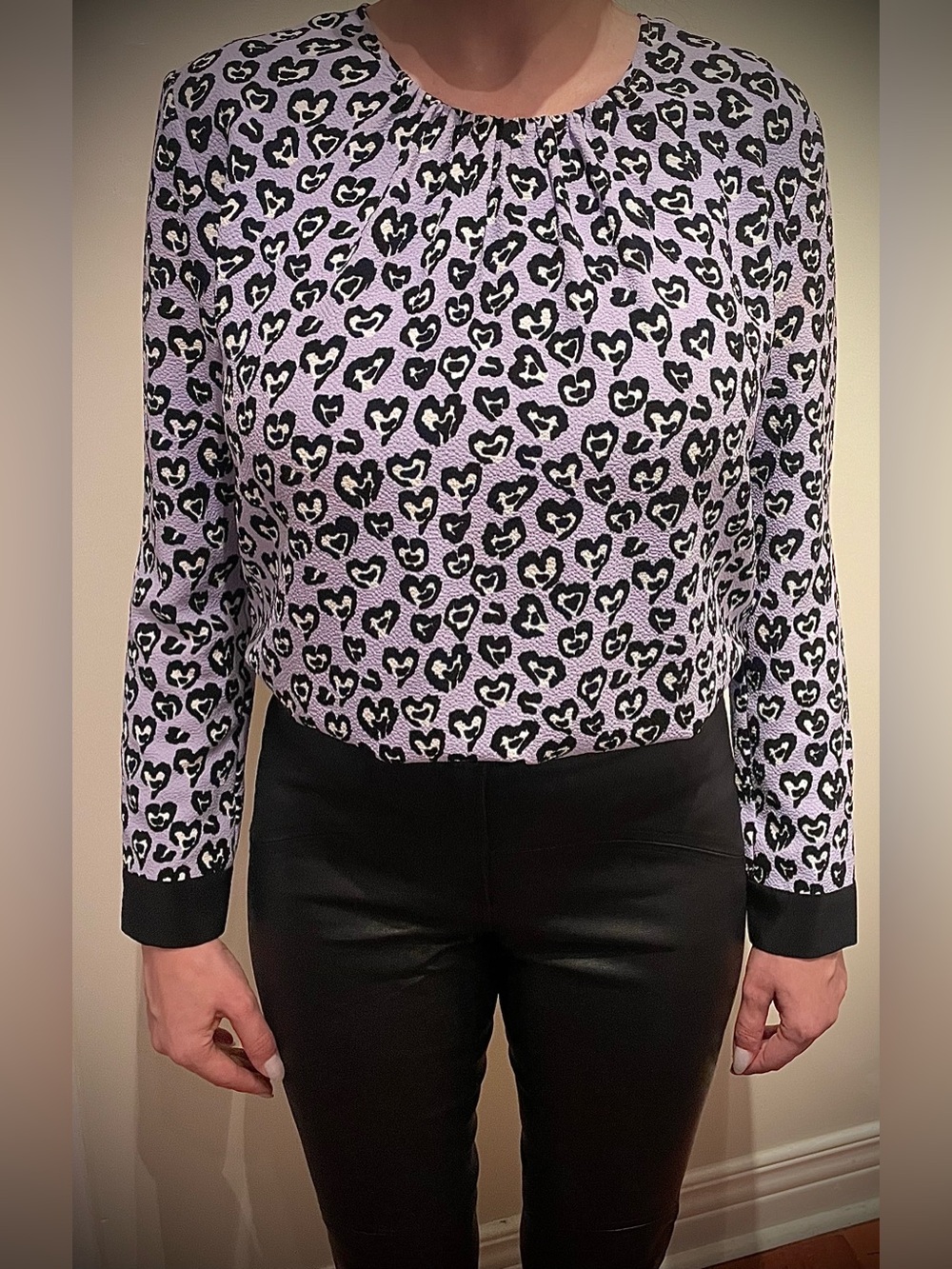 Sandro Lilac and Black Heart Leopard Print Long-Sleeve Blouse